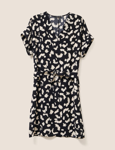 Robe droite courte col V manches courtes noir femme