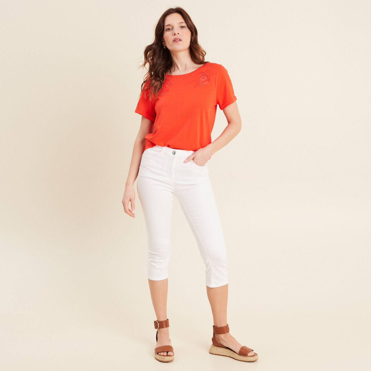 T-shirt manches courtes brodé orange foncé femme