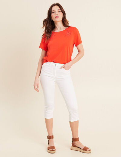 T-shirt manches courtes brodé orange foncé femme