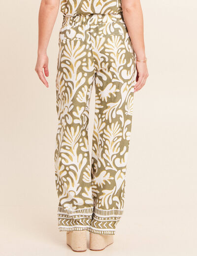 Pantalon large taille haute aspect lin vert femme