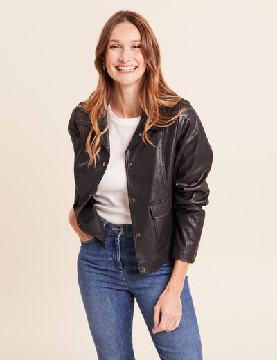 Veste courte droite aspect daim noir femme