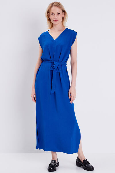 Robe longue droite ceinturée bleu electrique femme