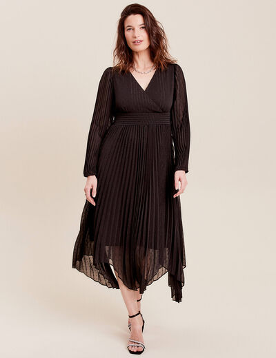 Robe longue évasée plissée noir femme