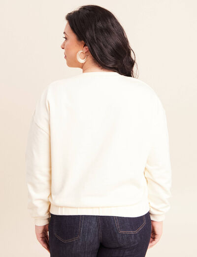 Sweat col rond broderie manches longues ecru femme