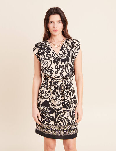 Robe droite courte col V manches courtes noir femme