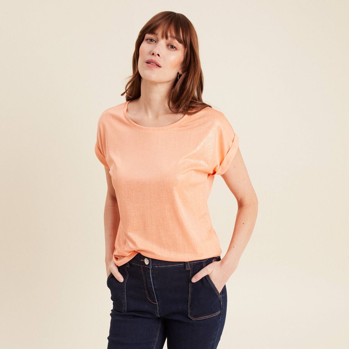 T-shirt manches courtes rose saumon femme