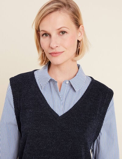 Pull effet 2-en-1 chemise bleu foncé femme