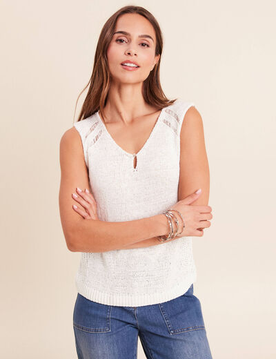 D&eacute;bardeur tricot sans manches blanc femme