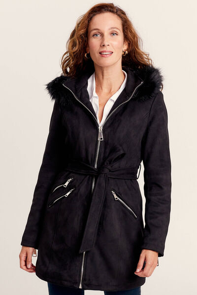Manteau cintré suédine capuche noir femme