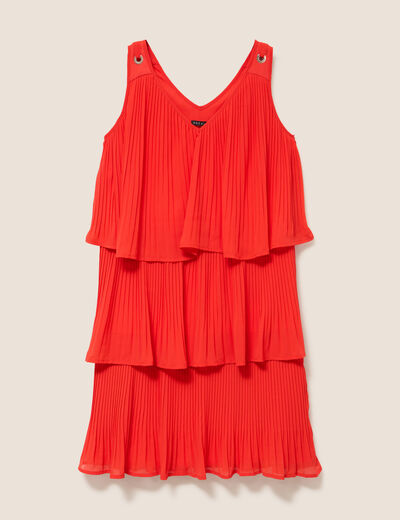 Robe pliss&eacute;e sans manches col v orange fonc&eacute; femme