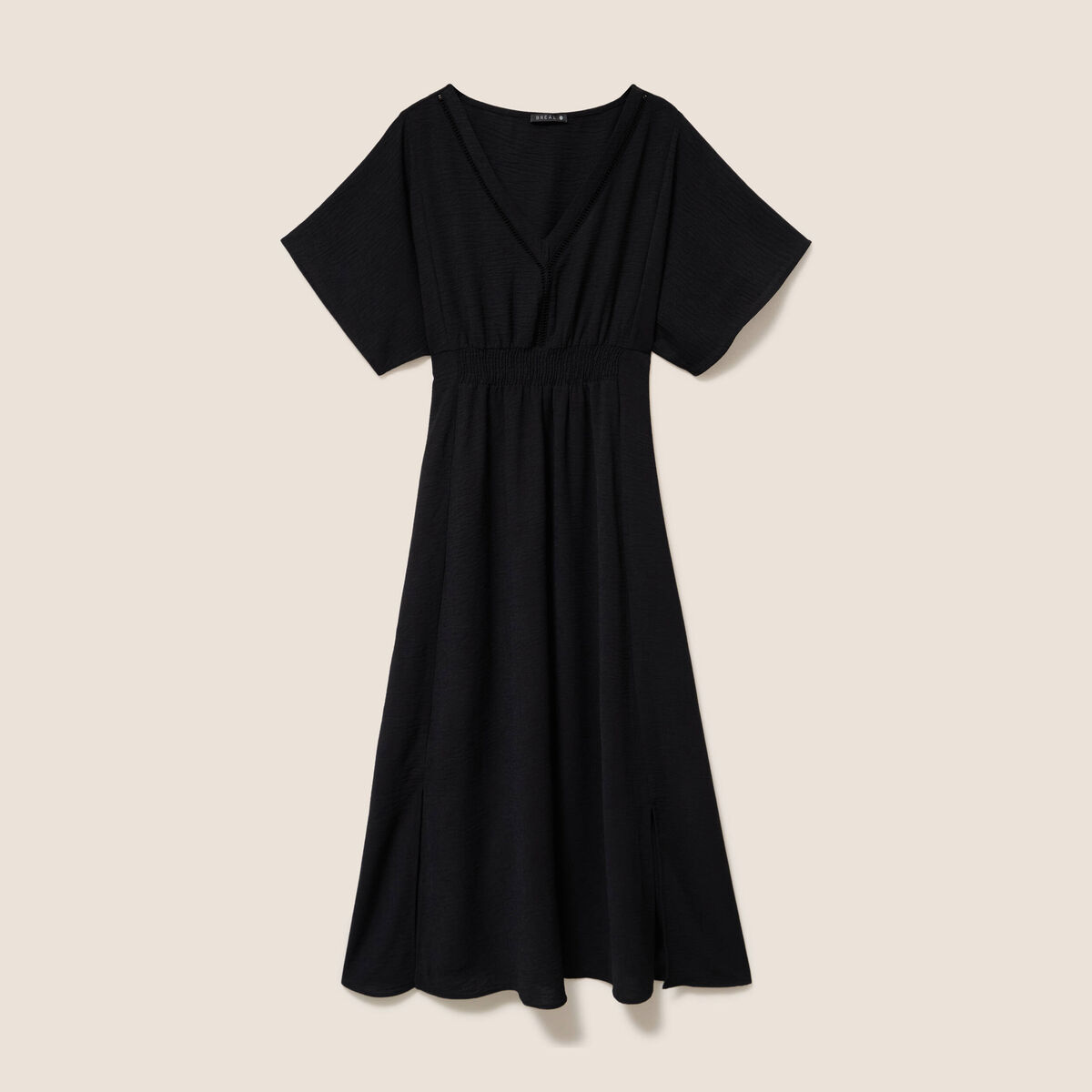 Robe longue &eacute;vas&eacute;e col v manches coudes noir femme