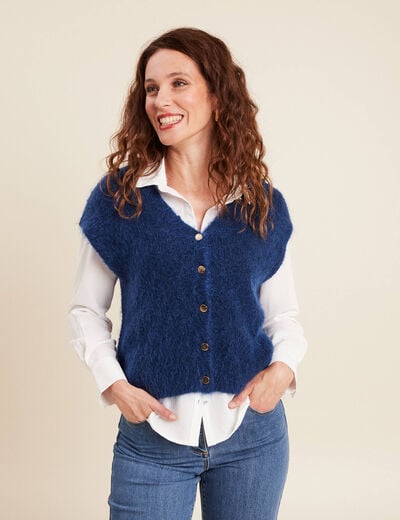 Gilet droit mi-long col v bleu marine femme