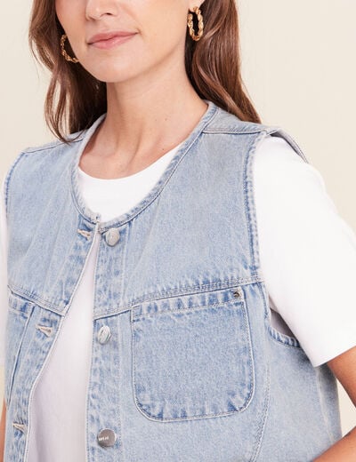 Veste cintr&eacute;e sans manches en jean denim double stone femme