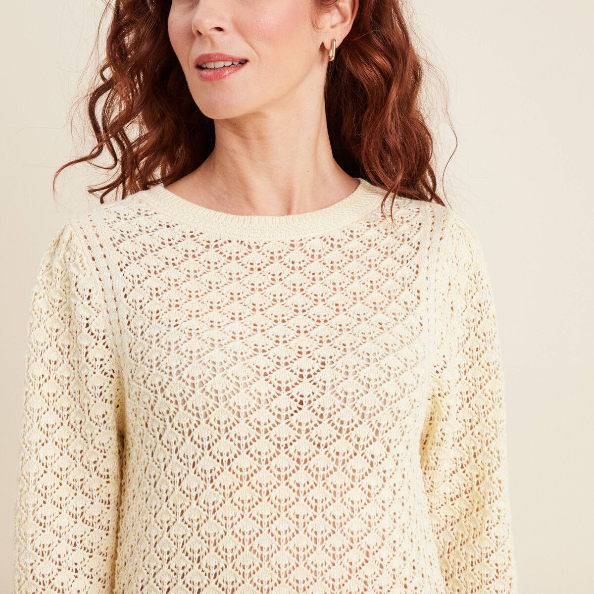 Pull manches longues ajouré jaune clair femme