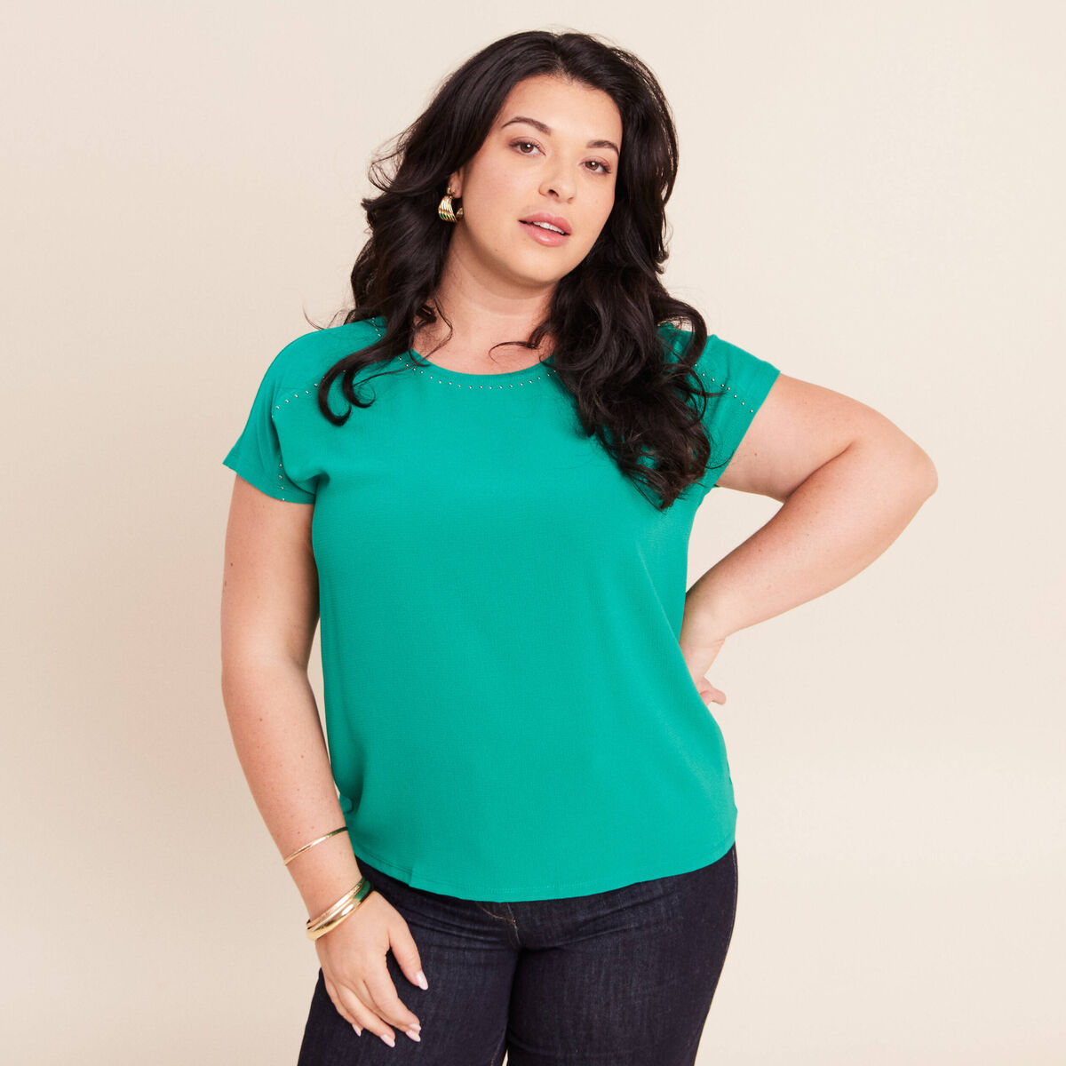 T-shirt bi-mati&egrave;re manches courtes vert menthe femme