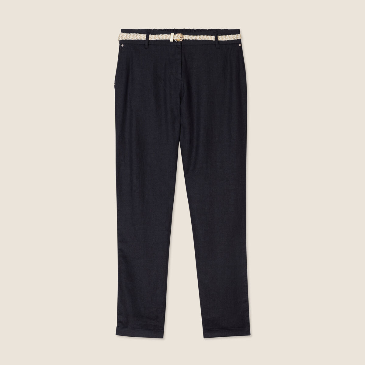Pantalon coupe chino en lin ceintur&eacute; noir femme