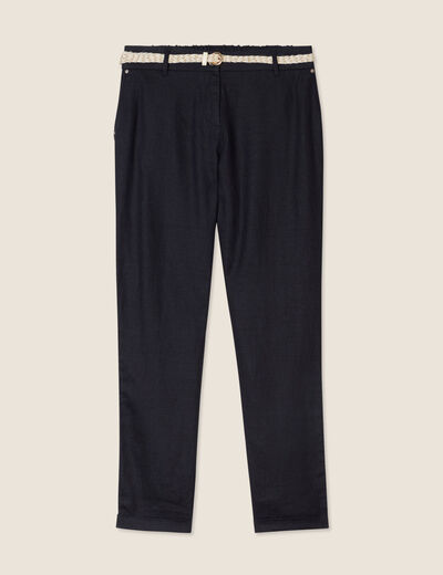 Pantalon coupe chino en lin ceintur&eacute; noir femme