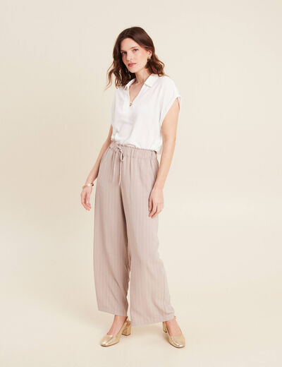 Pantalon large taille haute beige femme