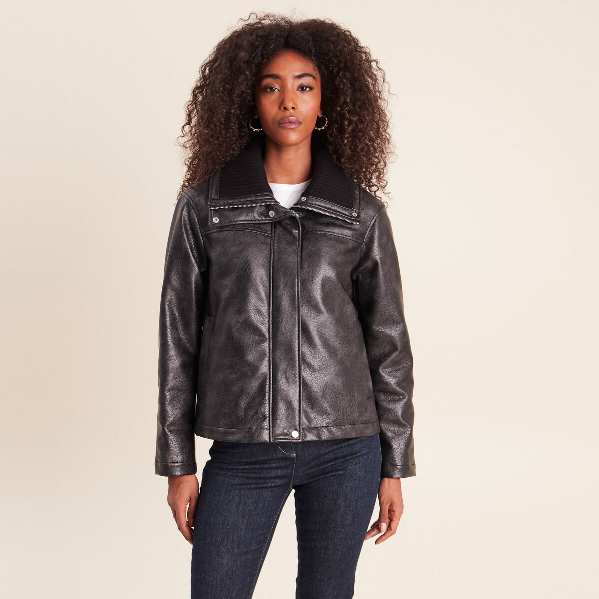 Veste ample col camionneur doubl&eacute;e noir femme