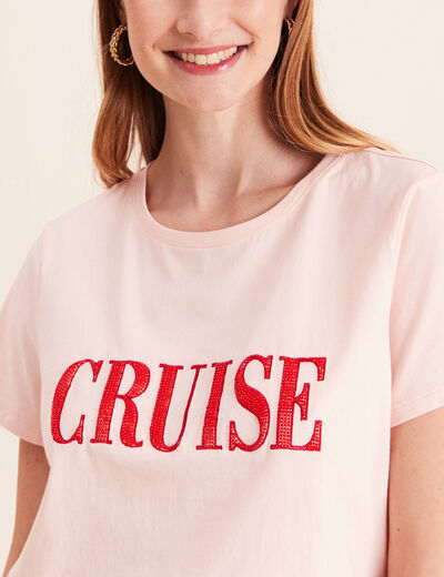 T-shirt col rond manches courtes rose poudr&eacute;e femme