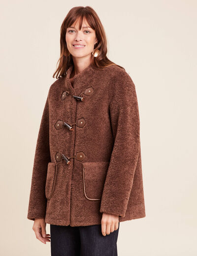 Manteau droit court en bouclette marron fonc&eacute; femme