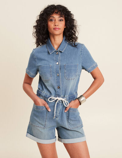 Combishort en jean denim double stone femme