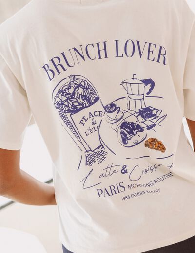 T-shirt avec print et broderie sequins ecru femme