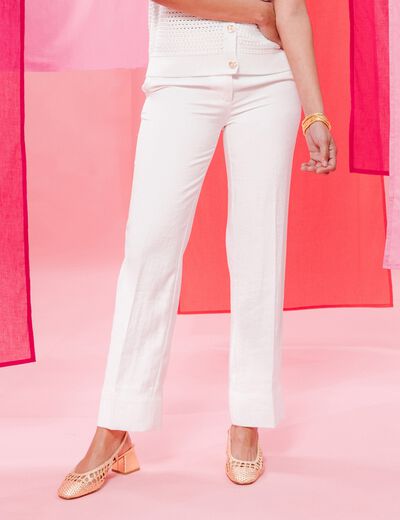 Pantalon coupe droite taille haute ecru femme