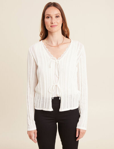 Gilet mi-long manches longues ecru femme