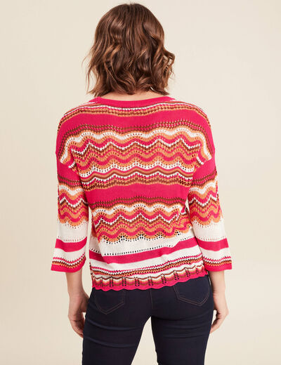Pull manches 3/4 ajouré rose fushia femme