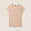 T-shirt col v manches courtes aspect lin sable femme
