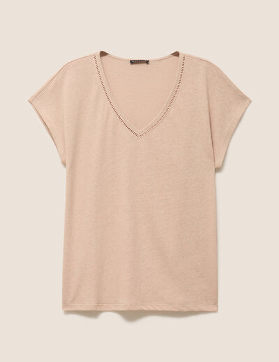 T-shirt col v manches courtes aspect lin sable femme