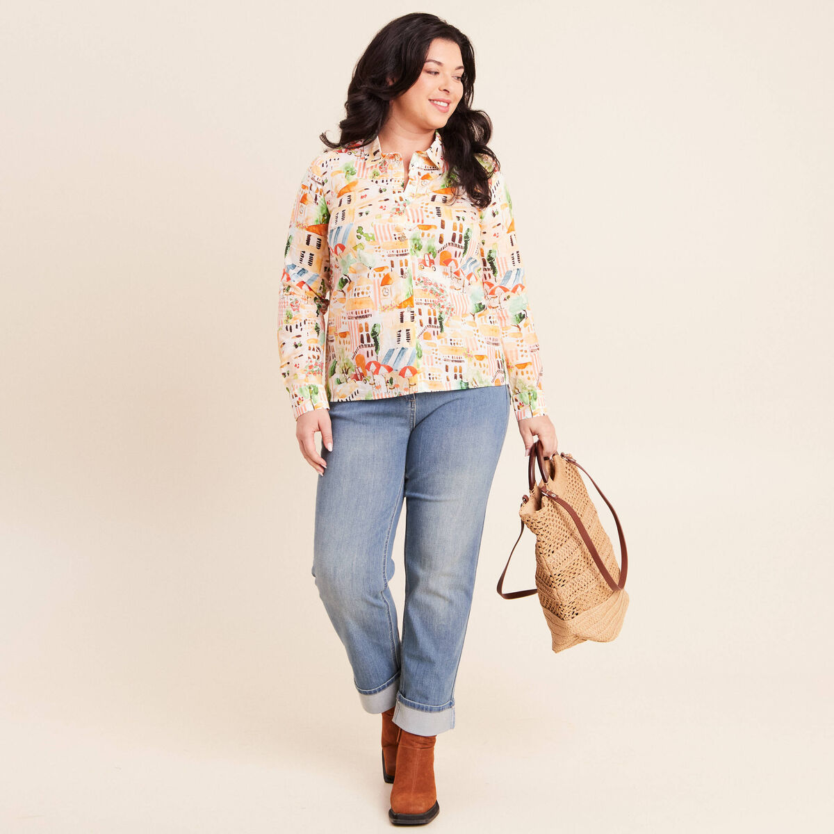 Chemise col am&eacute;ricain manches longues multicolore femme