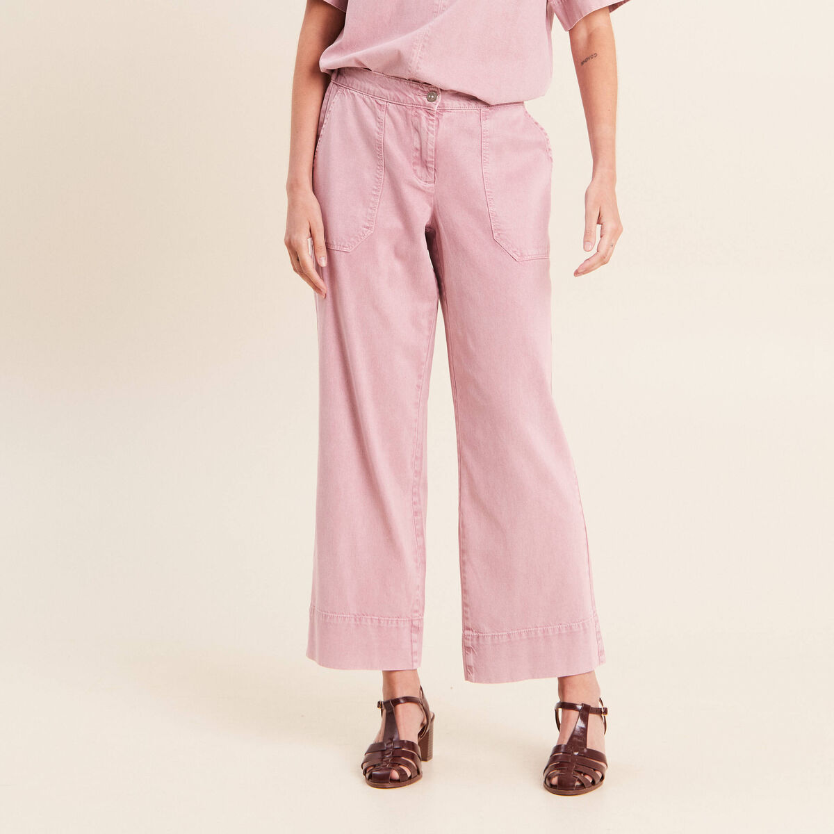 Pantalon large taille haute fluide rose femme