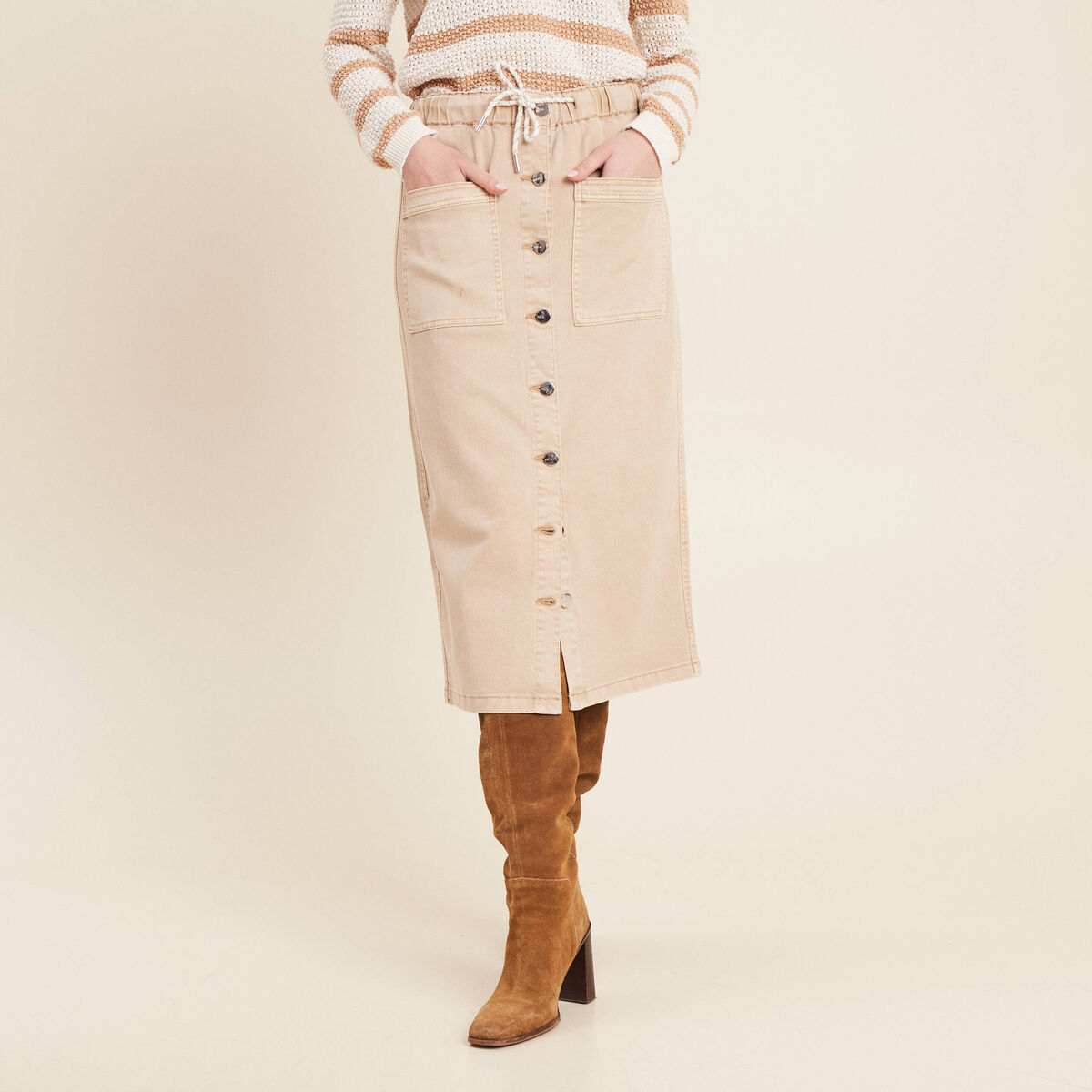 Jupe longue droite en jean denim beige femme