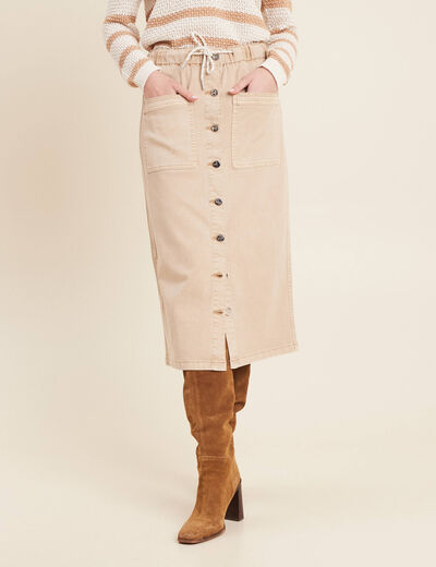 Jupe longue droite en jean denim beige femme