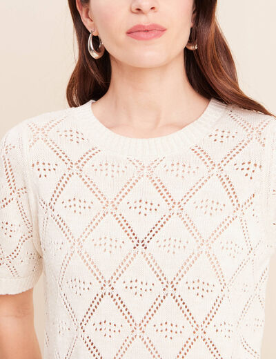 Pull droit court manches courtes ecru femme