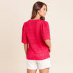 Pull ajour&eacute; col v manches courtes rose fushia femme