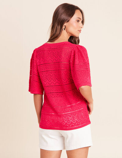 Pull ajour&eacute; col v manches courtes rose fushia femme