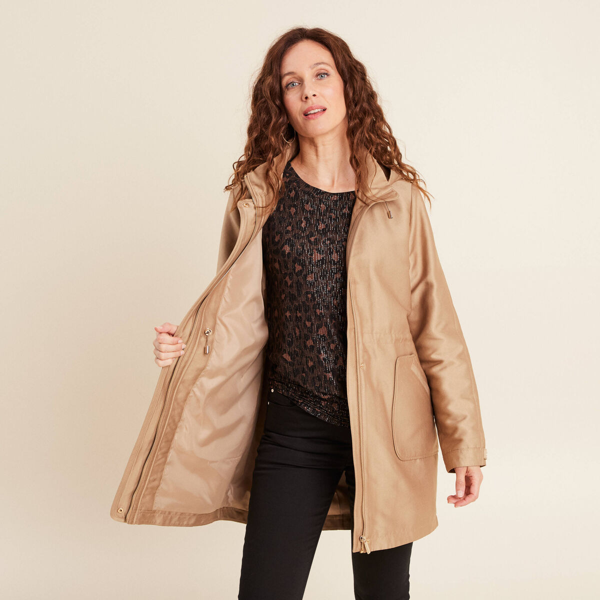 Parka cintr&eacute;e 4 en 1 avec capuche sable femme