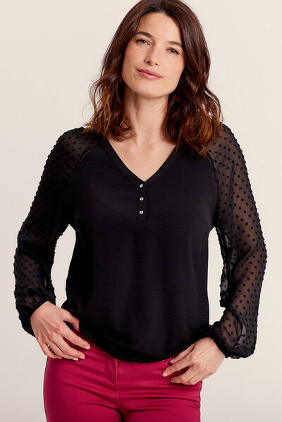 Blouse manches plumetis noir femme