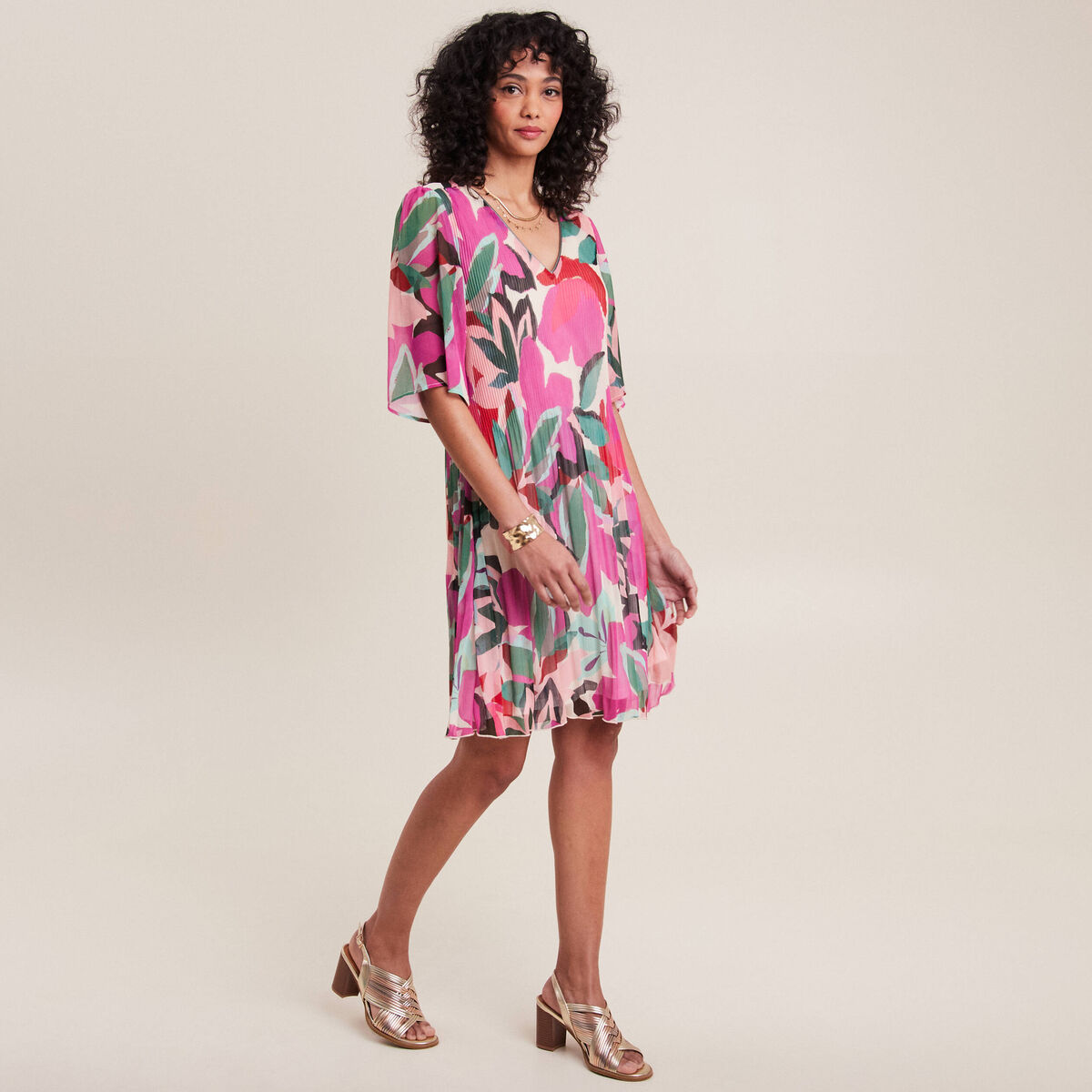 Robe évasée plissée multicolore femme