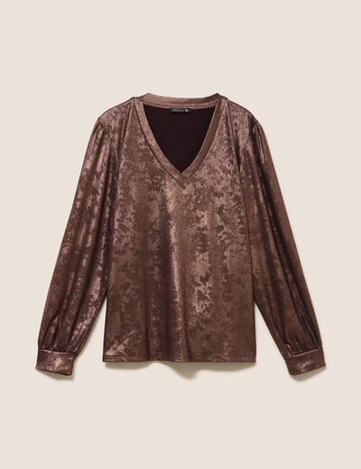 Blouse col v manches longues marron fonc&eacute; femme