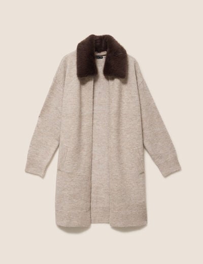 Gilet droit long col chemise beige femme