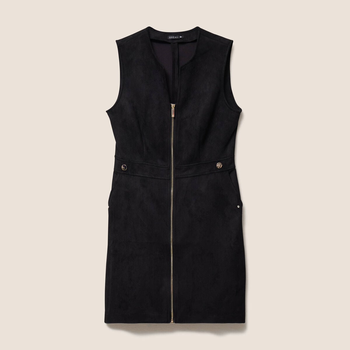 Robe sans manches col rond aspect daim noir femme