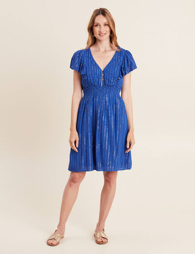 Robe droite fluide smockée bleu electrique femme