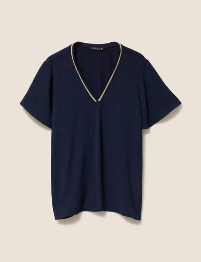 Blouse bi-matière manches courtes bleu foncé femme