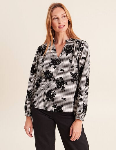 Blouse col v manches longues bleu femme