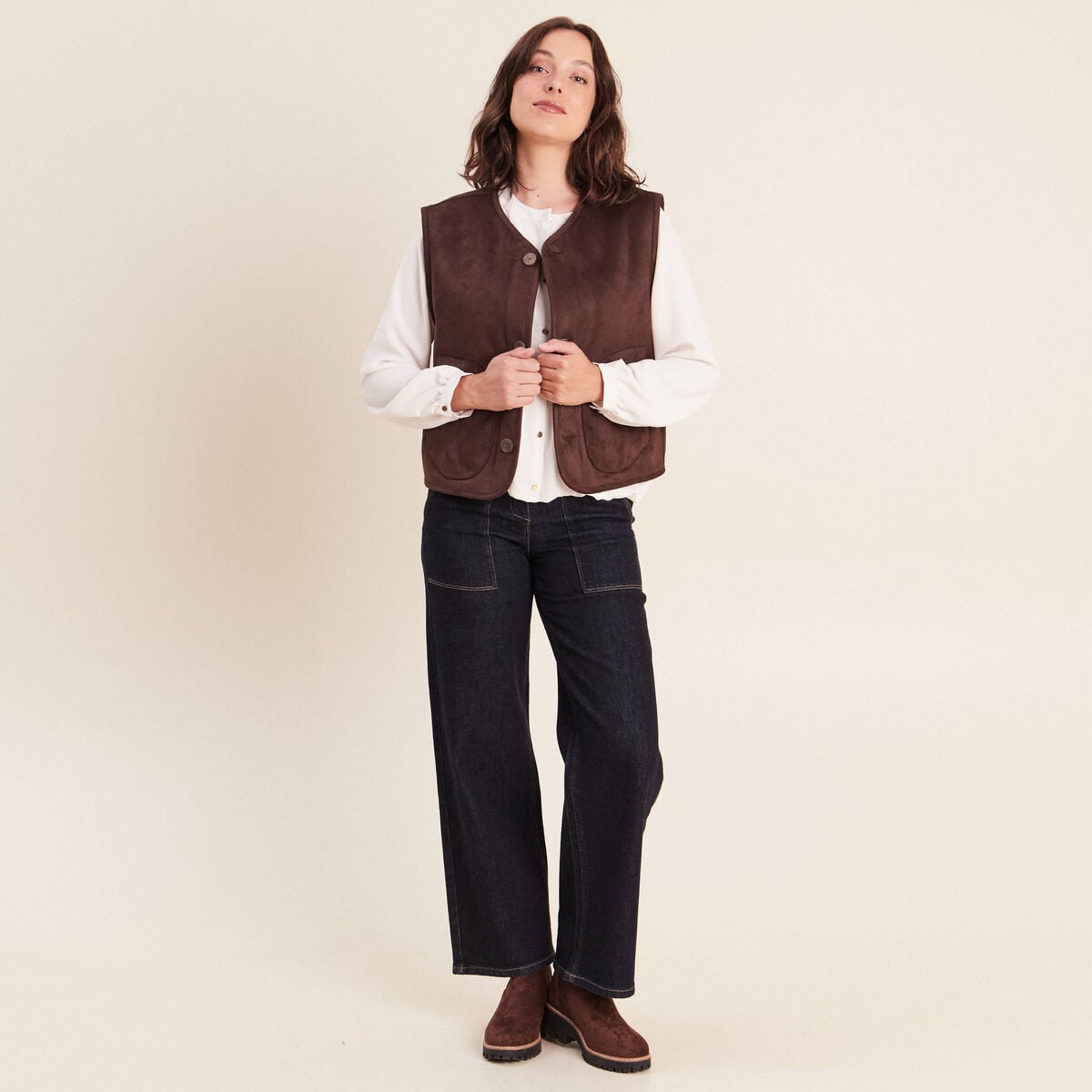 Veste r&eacute;versible duveteuse marron fonc&eacute; femme