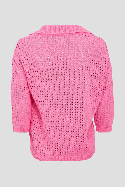Pull ajouré à manches 3/4 rose fushia femme